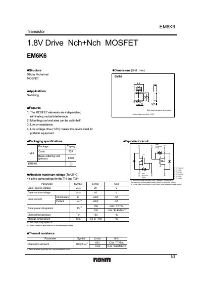 ROHM EM6K6 1.8V Drive N‑Channel MOSFET Datasheet - cover page