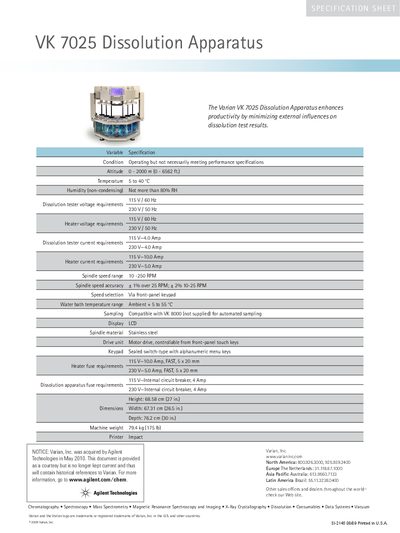 Varian VK 7025 Dissolution Apparatus Specification Sheet - cover page