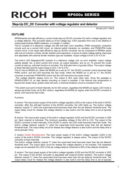 Ricoh RP600x Series Step-Up DC/DC Converter Datasheet - cover page