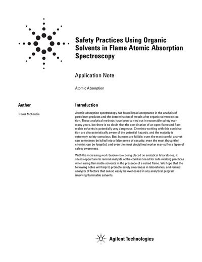 Agilent Safety Practices Using Organic Solvents in Flame Atomic Absorption Spectroscopy Application Note - cover page