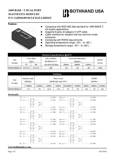 Bothhand USA G2PM109NM LF 1000BASE‑T Dual Port Magnetics Module Data Sheet - cover page