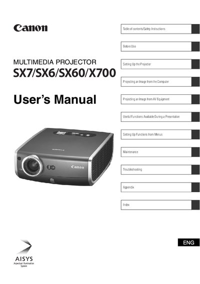 Multimedia SX7/SX6/SX60/X700 Multimedia Projector User's Manual