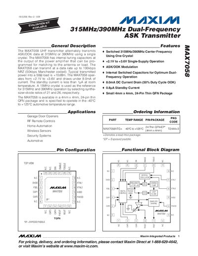Maxim MAX7058 Dual-Frequency ASK Transmitter Datasheet - cover page