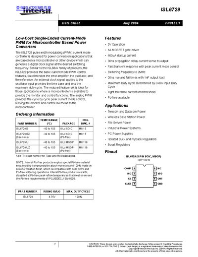 Intersil ISL6729 PWM Current-Mode Controller Data Sheet