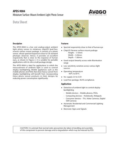 Avago APDS-9004 Ambient Light Photo Sensor Datasheet - cover page