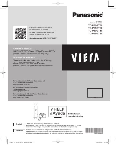 Panasonic TC-P50GT50 TC-P55GT50 TC-P60GT50 TC-P65GT50 Plasma HDTV Owner's Manual - cover page