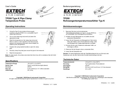 Extech TP200 Type K Pipe Clamp Temperature Probe User's Guide