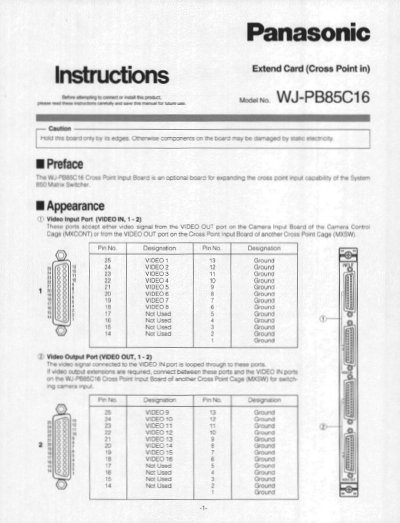 Panasonic WJ-PB85C16 Cross Point Input Board Service Manual - cover page