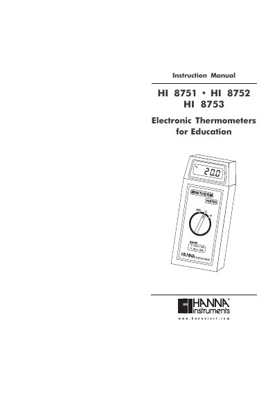 Hanna Instruments HI 8751/8752/8753 Electronic Thermometers Instruction Manual - cover page