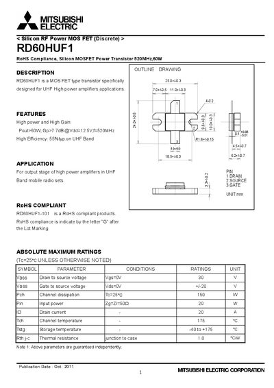 Mitsubishi Electric RD60HUF1 Silicon RF Power MOSFET Datasheet - cover page