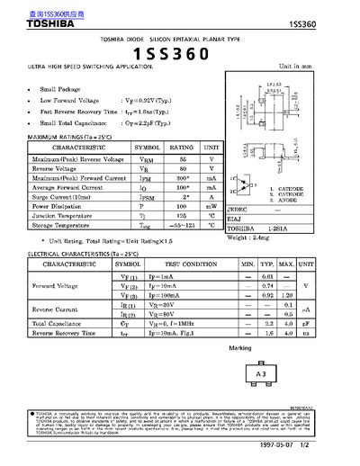 Toshiba 1SS360 Silicon Epitaxial Planar Diode Datasheet
