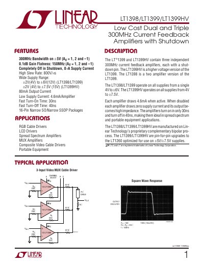Linear Technology LT1398/LT1399/LT1399HV Datasheet - cover page