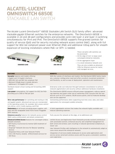 Alcatel-Lucent OmniSwitch 6850E Enterprise Data Sheet - cover page