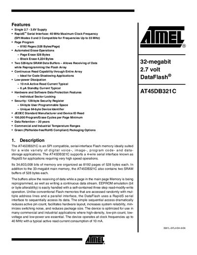 Atmel AT45DB321C DataFlash Datasheet - cover page