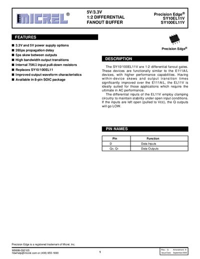 Micrel SY10EL11V / SY100EL11V Differential Fanout Buffer Datasheet - cover page