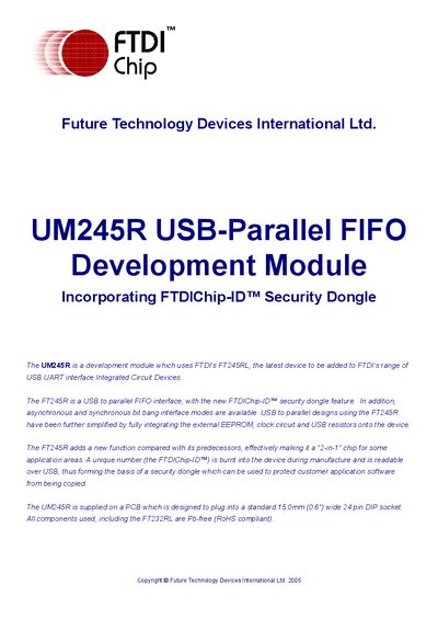 FTDI UM245R USB-Parallel FIFO Development Module Datasheet - cover page