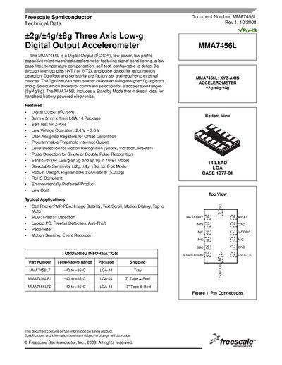 Freescale MMA7456L Three-Axis Low‑g Digital Output Accelerometer Datasheet - cover page