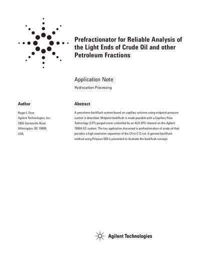 Agilent 7890A GC Prefractionator Application Note - cover page