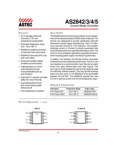 ASTEC AS2842/3/4/5 Current Mode Controller Datasheet - cover page