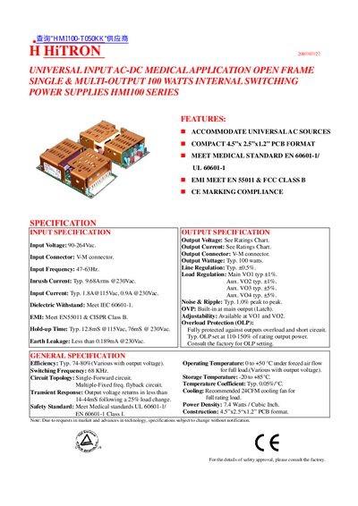 HiTRON HMI100 Power Supply Datasheet - cover page