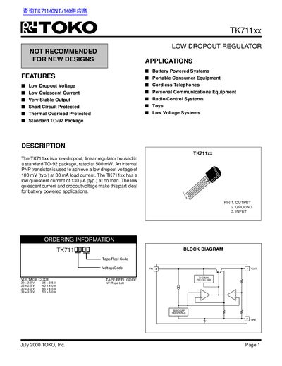 TOKO TK711xx Series Low Dropout Regulator Datasheet - cover page