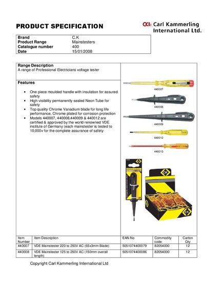 CK TOOLS PRODUCT SPECIFICATION Brand C.K Product Range Mainstesters Catalogue number 400 Date 15/01/2008  - cover page