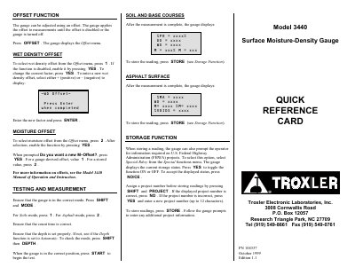 Troxler 3440 Surface Moisture-Density Gauge Quick Reference Card - cover page