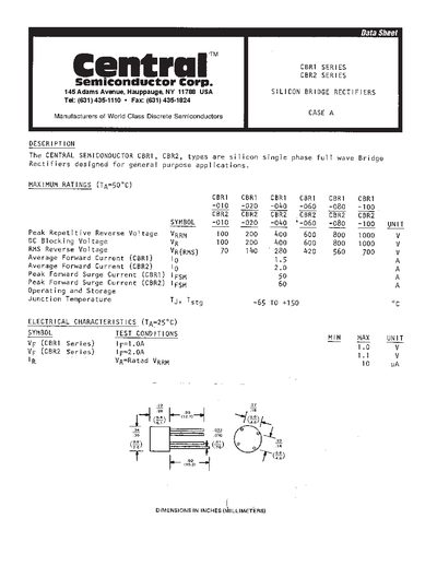 Central Semiconductor CBR1/CBR2 Silicon Bridge Rectifier Data Sheet - cover page