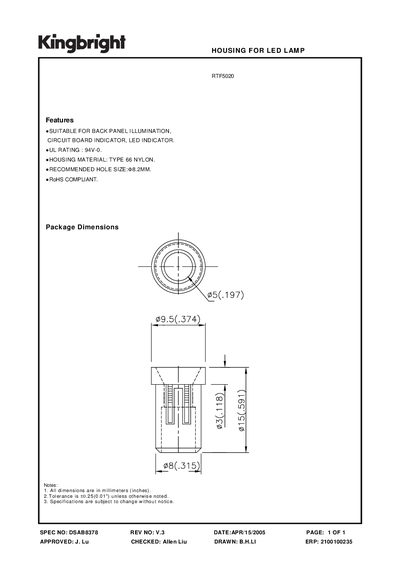 Kingbright DSAB8378 LED Lamp Housing Datasheet - cover page