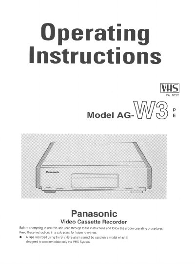 Panasonic AG-W3 VHS Video Cassette Recorder Operating Instructions - cover page