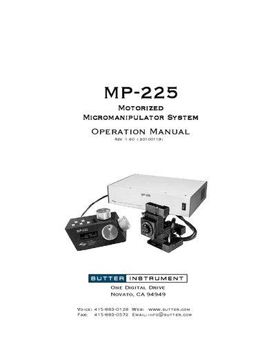 Sutter MP-225 Motorized Micromanipulator System Operation Manual - cover page