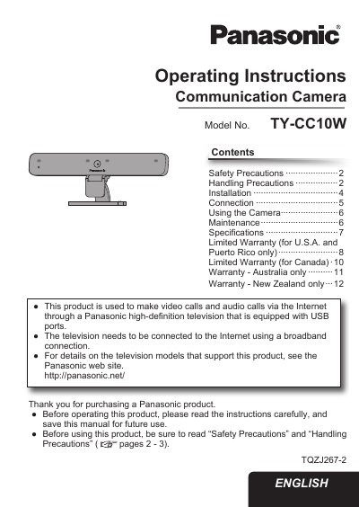 Panasonic TY-CC10W Communication Camera Operating Instructions