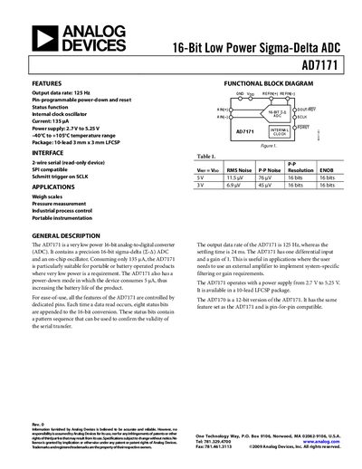 Analog Devices AD7171 16-Bit Low Power Sigma-Delta ADC Datasheet - cover page