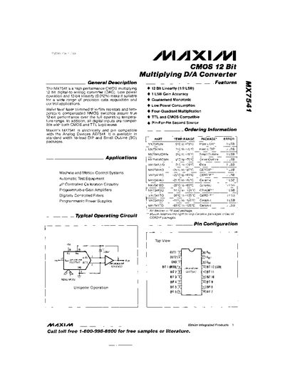 Maxim Integrated Products MX7541 CMOS Multiplying DAC Datasheet
