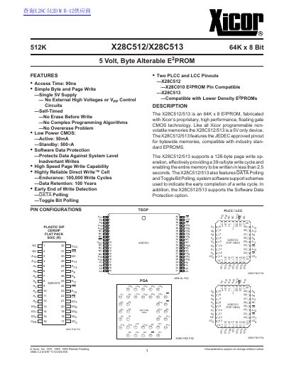 Xicor X28C512/X28C513 512K/64K x 8 Bit E2PROM Datasheet - cover page