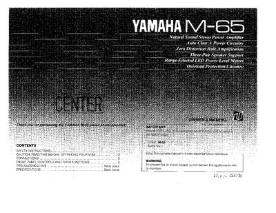 Yamaha M-65 Stereo Power Amplifier User Manual - cover page