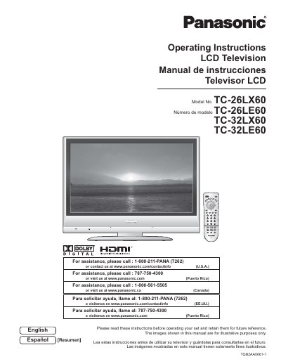 Panasonic TC-26LX60 N&uacute;mero de modelo TC-26LE60 TC-32LX60 TC-32LE60 Manual - cover page