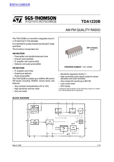 SGS-THOMSON TDA1220B AM-FM Quality Radio Datasheet - cover page