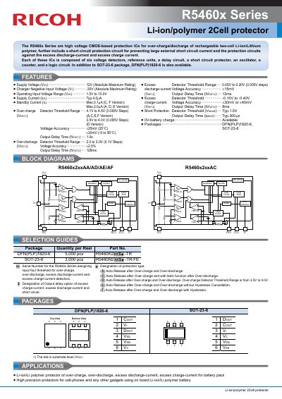 Ricoh R5460x Series Li-ion/polymer 2Cell Protector Datasheet - cover page