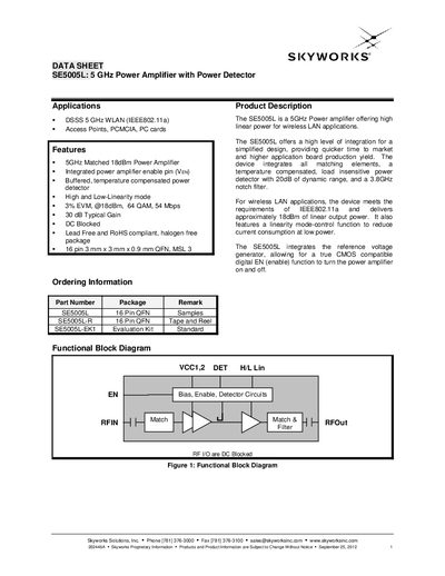 Skyworks SE5005L 5 GHz Power Amplifier with Power Detector Datasheet - cover page
