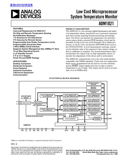 Analog Devices ADM1021 Low Cost Microprocessor System Temperature Monitor Datasheet
