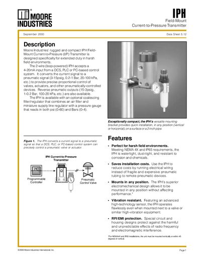 Moore Industries IPH Field-Mount Current-to-Pressure Transmitter Datasheet - cover page