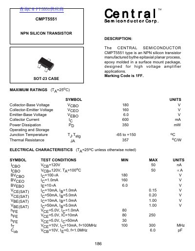 Central Semiconductor CMPT5551 NPN Silicon Transistor Datasheet - cover page