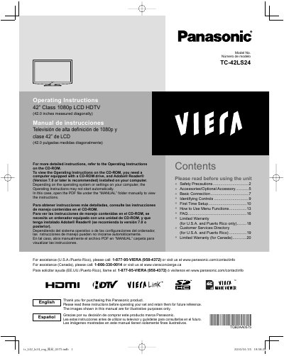 Panasonic TC-42LS24 42-inch LCD HDTV Operating Instructions