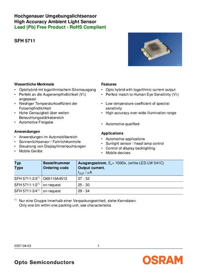 OSRAM SFH 5711 Ambient Light Sensor Datasheet - cover page