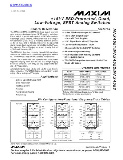 Maxim MAX4551/MAX4552/MAX4553 Quad SPST Analog Switches Datasheet - cover page