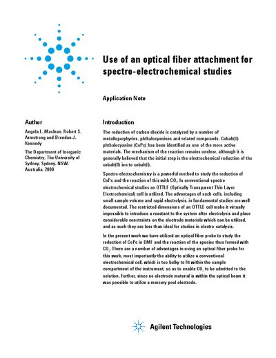 Agilent Application Note: Use of an optical fiber attachment for spectro-electrochemical studies - cover page