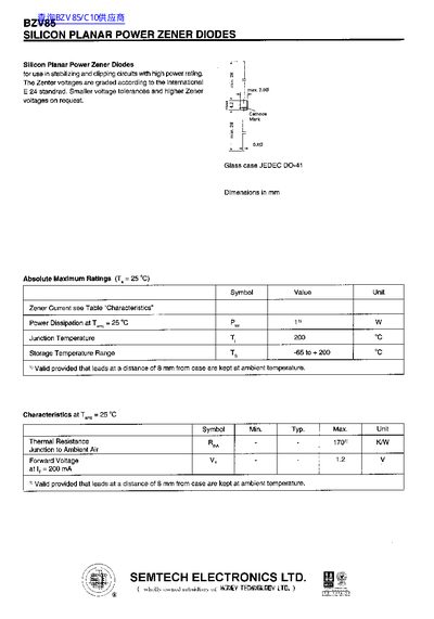 Semtech BZV 85/C Series Silicon Planar Power Zener Diodes Datasheet