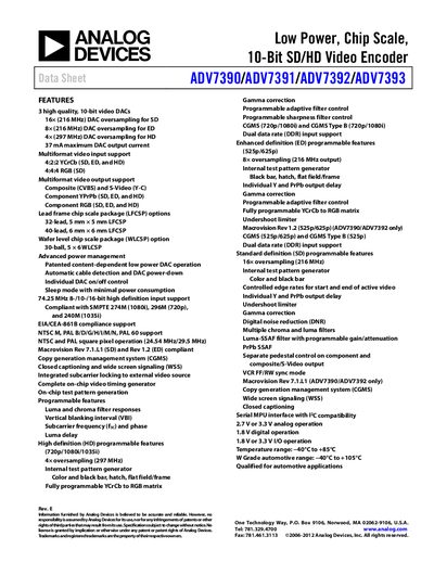 Analog Devices ADV7390 Video Encoder Datasheet - cover page