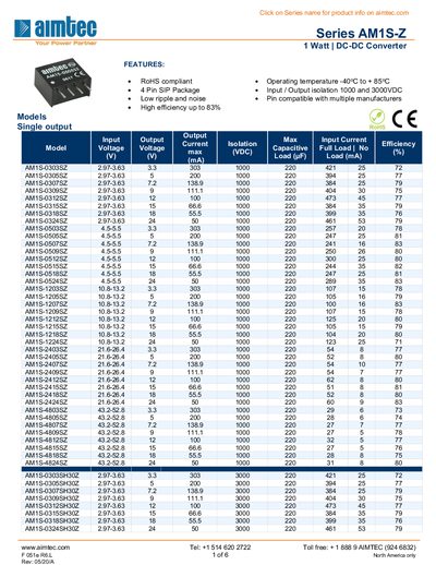 Aimtec AM1S-Z 1 Watt DC-DC Converter Datasheet - cover page